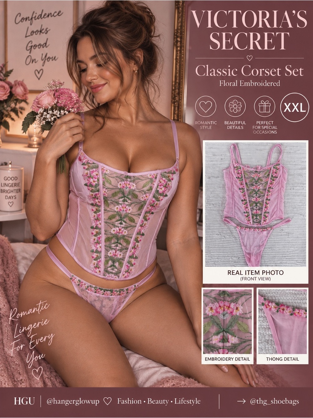Victoria’s Secret Floral Embroidered Classic Corset & Thong Set XXL NWT
